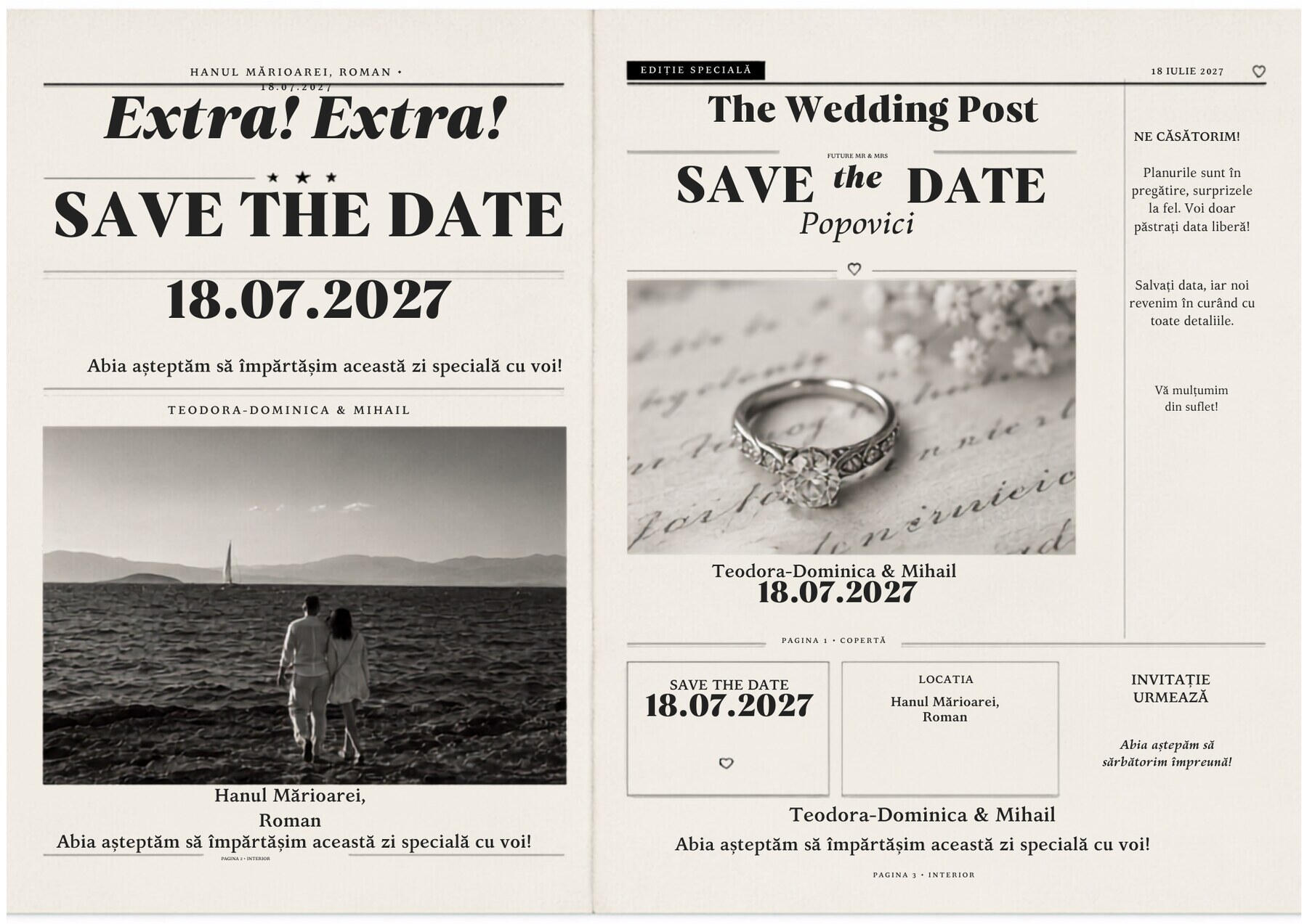 Wedding Newspaper — Save the Date Design editorial A3 tip ziar pentru Teodora-Dominica și Mihail, cu data nunții 18.07.2027 și fotografii alb-negru